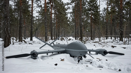 Downed Drone Wreckage in Snowy Forest