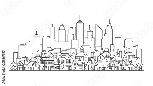 Hand drawn outline illustration of a busy cityscape with skyscrapers and residential houses.