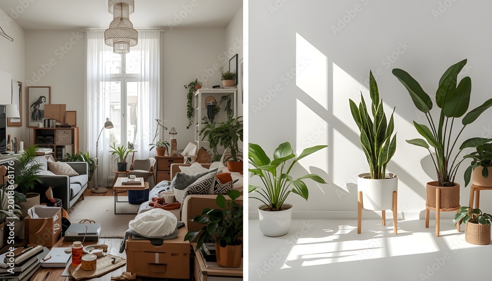 Fototapeta premium Plants bring life to a modern home with natural light and stylish decor