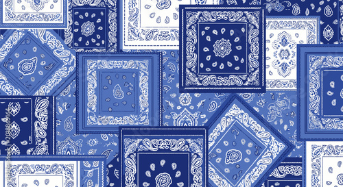 Blue and White Paisley Bandana Patchwork Seamless Pattern Illustration for Textile Design and Background