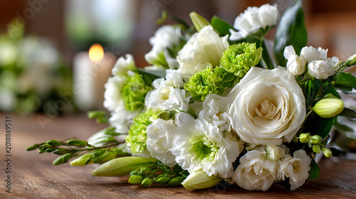 White funeral flowers are a symbol of condolence and sympathy in a memorial ceremony setting. A delicate floral arrangement expresses respect, remembrance, grief, and a peaceful tribute concept.