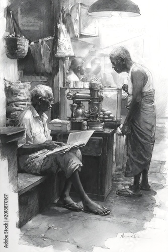 A captivating monochrome illustration depicting two senior men immersed in the serene daily rituals of a traditional urban shop, a timeless scene of quiet contemplation and service