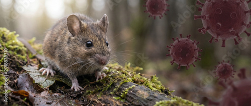 Cuadro en lienzo Field Mouse on Moss with Suspended Viral Particles, Hantavirus News Concept