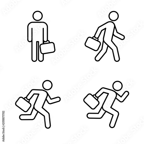 Foto Business person with briefcase icon set, minimalist line art showing standing, walking, and running poses for career and office concept