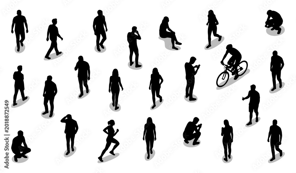 Obraz premium Top view people silhouettes with shadows walking and cycling | Overhead pedestrian crowd set for architectural rendering | Black vector illustration