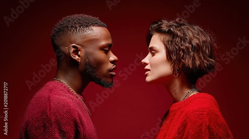 Intimate Encounter: A poignant moment unfolds as two individuals lock gazes, their profiles silhouetted against a rich crimson backdrop, an unspoken connection bridging the space between them.