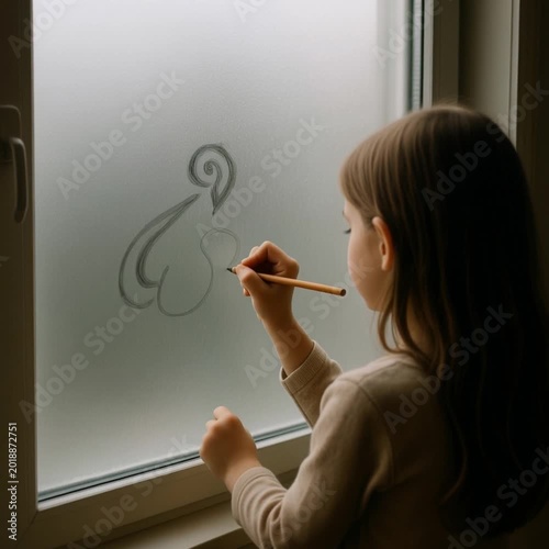 Young girl drawing on foggy window with pencil at home  