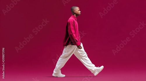 Dynamic Stroll: Captivating shot of an individual engaged in a stride, embodying movement and poise. A contemporary fusion of style, the subject exudes confidence within a minimalist setting.