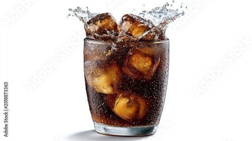 Refreshing Soda Splash: A crystal-clear glass showcases the captivating dance of soda and ice cubes in a perfect moment of refreshment. Capturing the essence of a chilled drink experience.