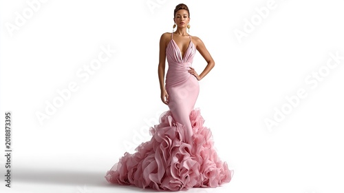 Elegant Gown and Graceful Pose: A stunning woman models a gorgeous pink gown, embodying sophistication and poise.
