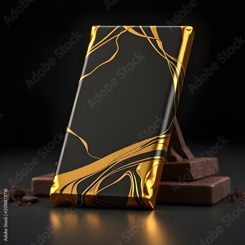 Luxury dark chocolate bar wrapped in gold foil, elegant shine.