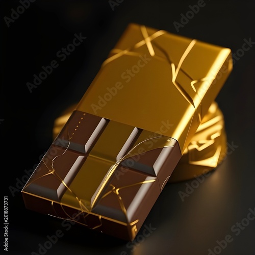 Luxury dark chocolate bar wrapped in gold foil, elegant shine.