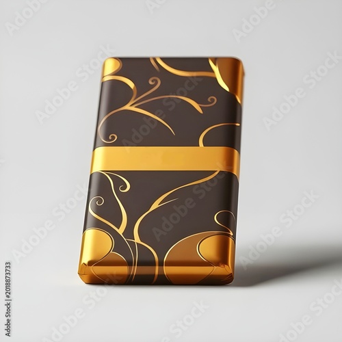 Luxury dark chocolate bar wrapped in gold foil, elegant shine.