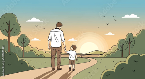 Father, son walking, hand in hand, sunset landscape, vector illustration