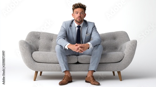 Serene Seated Man on Sofa: A man, elegantly clad in a light suit, sits composedly on a stylish sofa, radiating quiet confidence and focused energy.