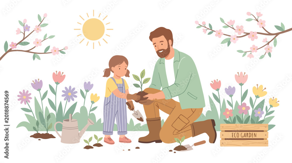 Fototapeta premium Happy father and little girl planting flowers together in garden on sunny day