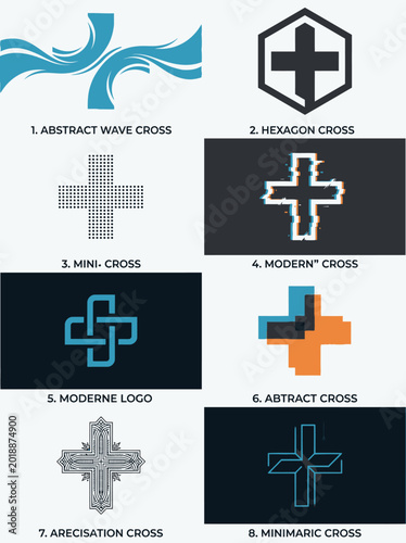 Set of eight creative minimalist cross logo designs featuring geometric abstract patterns and modern stylized symbols for church brand identity development in blue and black @whait