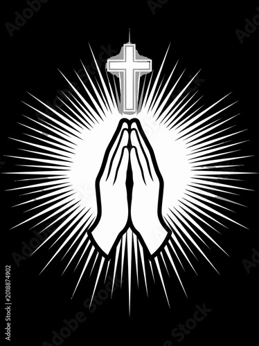 Praying hands icon positioned below glowing cross symbol with radiant sunburst effect isolated on black background for religious faith branding graphic elements and worship community design assets.