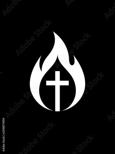 Christian cross symbol placed inside stylized abstract flame shape isolated on black background for church logo design faith branding and religious artistic elements vector graphic illustration set.