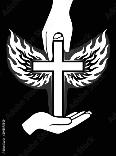 Flaming wings christian cross held by hands for spiritual passion and religious zeal concept divine fire and holy spirit representation vector illustration on black background artistic graphic design.