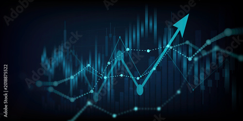 Obraz na plátně moving up arrow financial chart and stock market graph with world map on blue co