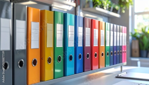 A neat row of colorful office ring binders organized on a shelf in a professional workspace setting with blurred background environment.