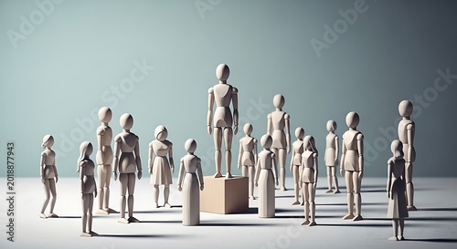 3d rendered minimalist human figurines diverse heights modern platform abstract concept illustration