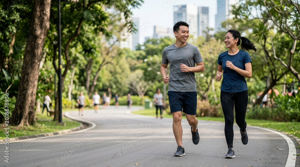 Fototapeta premium Smiling Chinese couple jogging in a city park. Young Asian man and woman running together on a paved path with modern buildings in the background