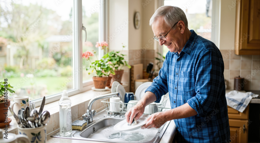 Fototapeta premium Smiling elderly man washing dishes in a kitchen sink. Happy senior gentleman cleaning a plate with a sponge at home