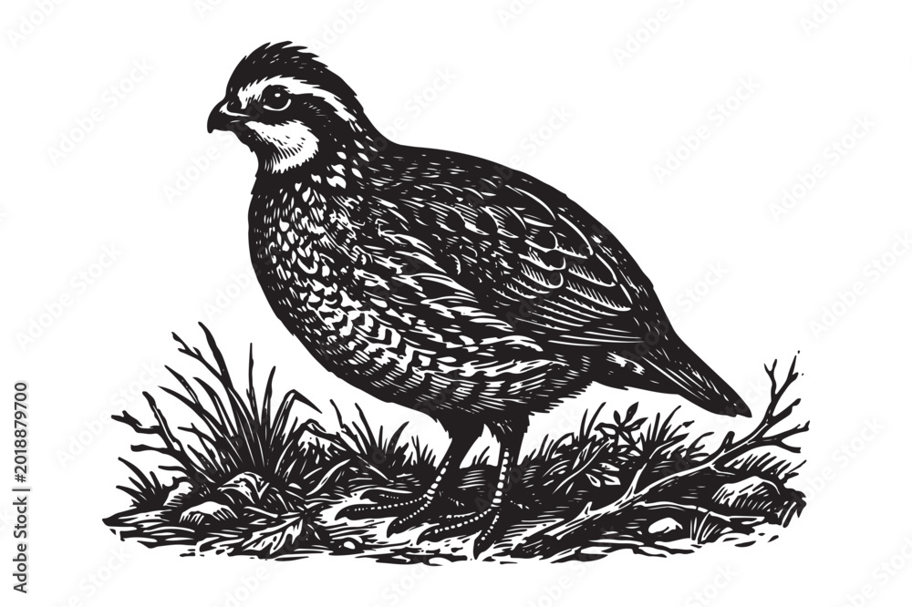 Fototapeta premium Quail bird illustration in black and white with game bird wildlife outdoors