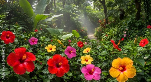 Lush tropical garden pathway with colorful hibiscus flowers in full bloom.