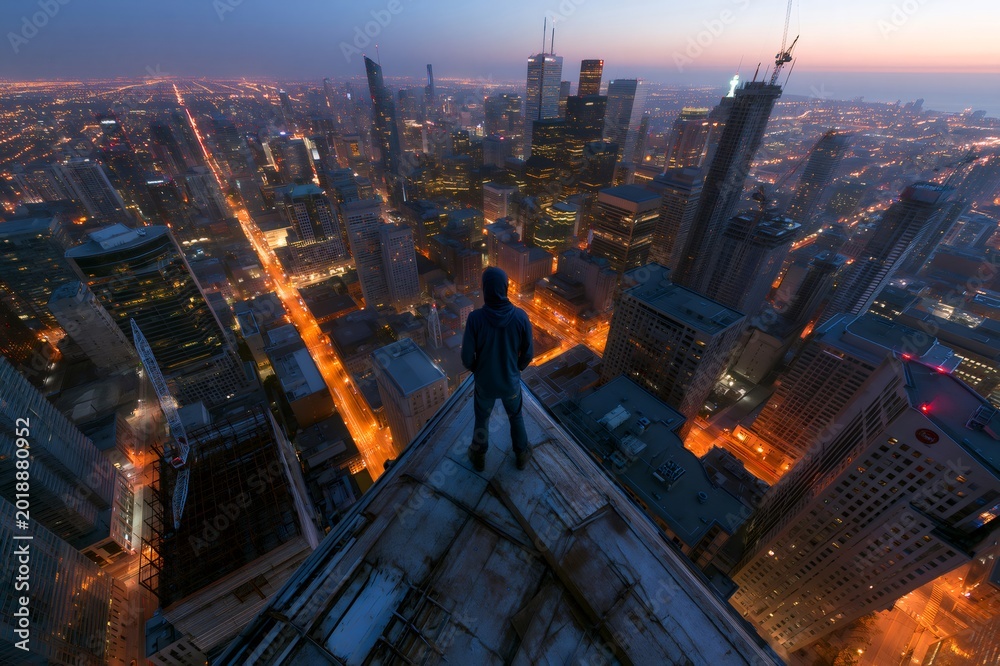 Fototapeta premium Person standing on toronto city rooftop exploring urban landscape