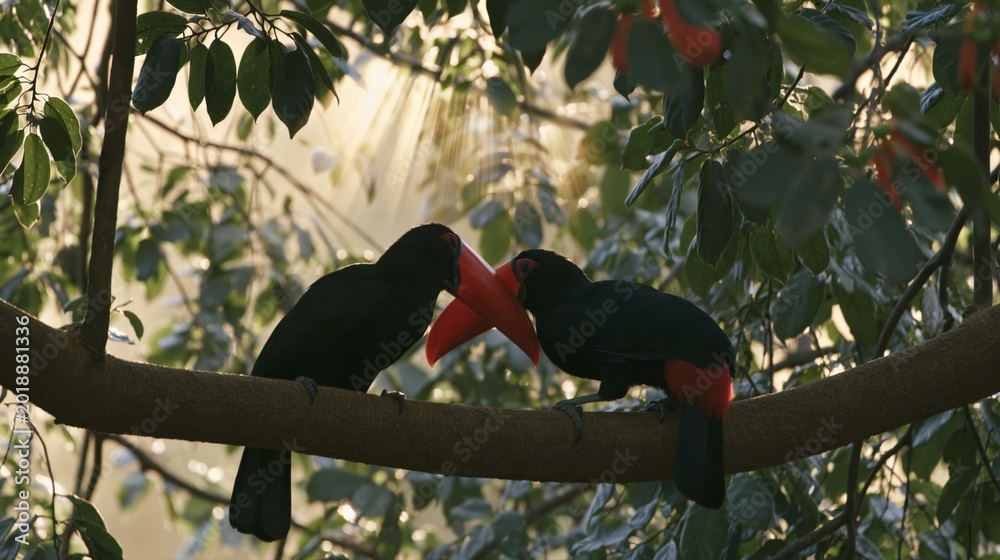 Obraz premium Tropical Toucans Perched on Branch in Lush Rainforest Environment.