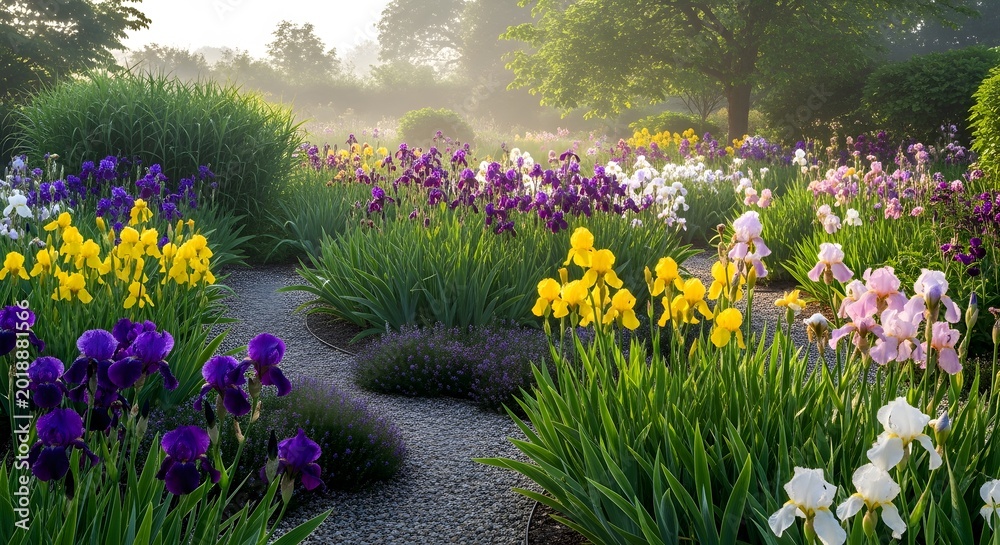 Naklejka premium A vibrant garden path winding through a colorful display of iris flowers on a misty morning.