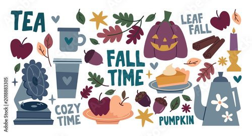 Bild auf Leinwand Cozy fall season elements with tea and pumpkin pie jack o lantern autumn leaves