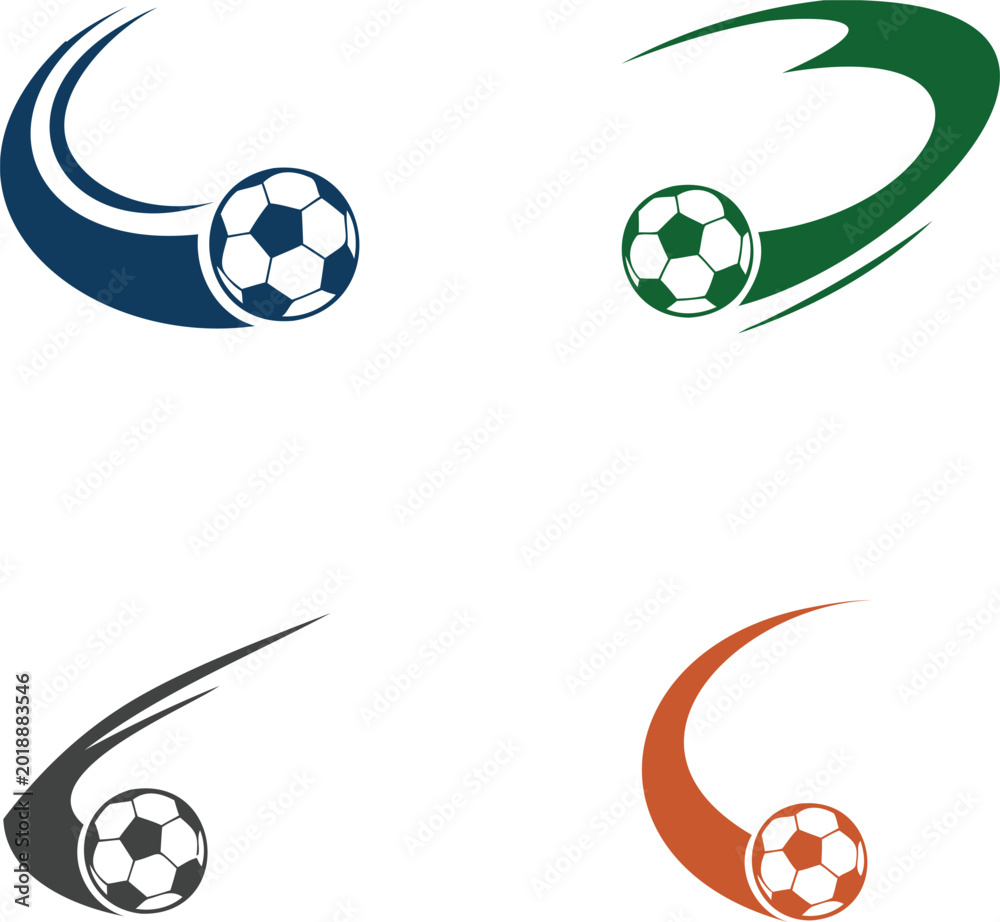 Naklejka premium Soccer balls with different colored swirls four soccer balls with swirling motion lines