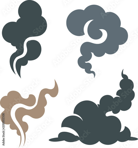 Smoke clouds and puffs in various shades of gray and brown rising up  isolated on white background