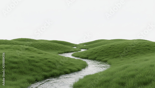 A natural landscape image of small grassy hills with a small river flowing in the mid