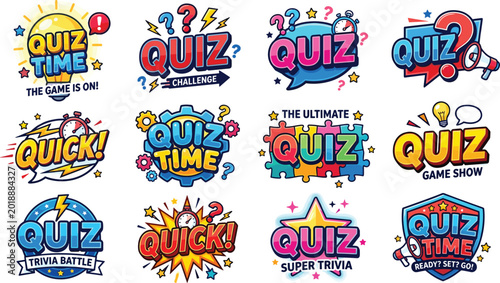 Vector illustration of colorful quiz and trivia logos representing playful competition, challenge, and entertainment themes