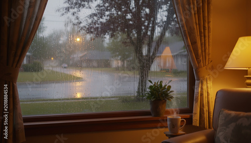 picture of rain at night with a quiet atmosphere behind the window