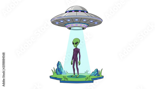 visual of ufo and alien on earth white background