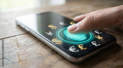 Finger pressing glowing fingerprint scanner on phone with currency icons