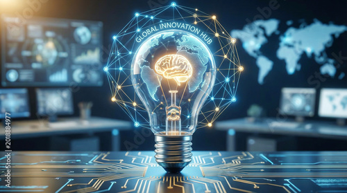 Glowing digital lightbulb with human brain and global network
