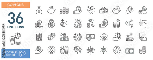 Diverse set of 36 line icons related to money, coins, savings, and financial transactions.