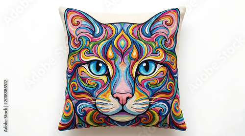 Vibrant abstract cat face design on throw pillow with bright colors