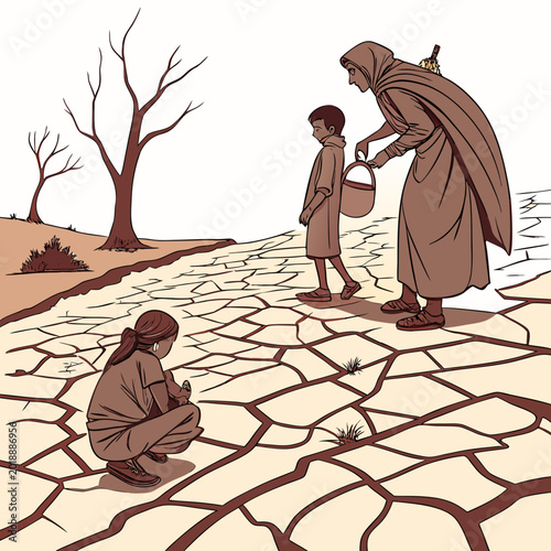 Foto rural family scene with cracked earth vector illustration in warm tones