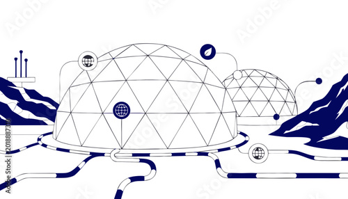 Geometric domes, futuristic landscape, blue and white illustration, sci-fi architecture, geodesic structures