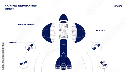 Rocket launch, space exploration, vector illustration, fairing separation orbit, spacecraft design