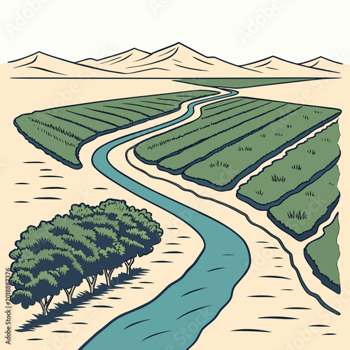 Bild auf Leinwand cinematic vector artwork of blue irrigation waterway through green fields and tr