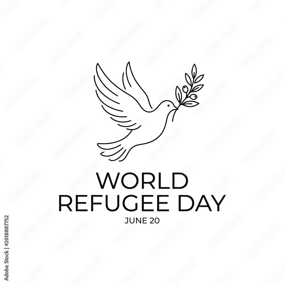 Obraz premium World refugee day logo with a dove carrying an olive branch isolated on white background